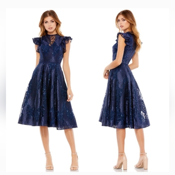 Mac Duggal Dresses & Skirts - Mac Duggal embroidered sequins navy midi dress